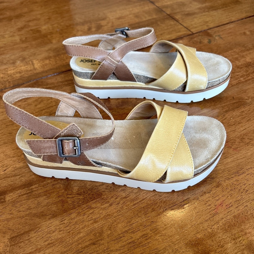 Josef Seibel Clea Women 39 8.5 Wedge Slingback Cork Sandals Yellow Ankle Strap